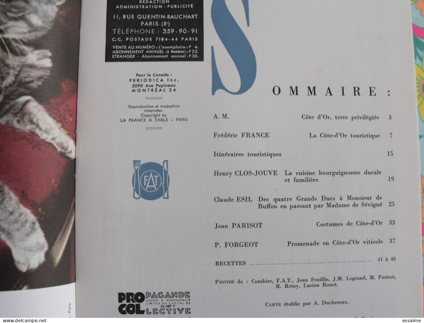 La France à Table N° 124. 1967. Cote-d'or. Beaune Semur Dijon Vougeot époisses Tilchatel Montbard Saulieu. Gastronomie - Turismo E Regioni