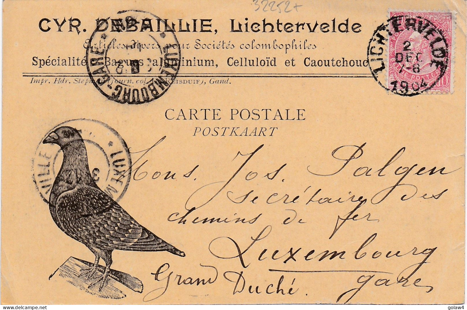 32252# PIGEON COLOMBOPHILIE COMMANDE DE BAGUE 1905 CARTE POSTALE Obl LICHTERVELDE 1904 LUXEMBOURG VILLE GARE - 1895 Adolphe Profil