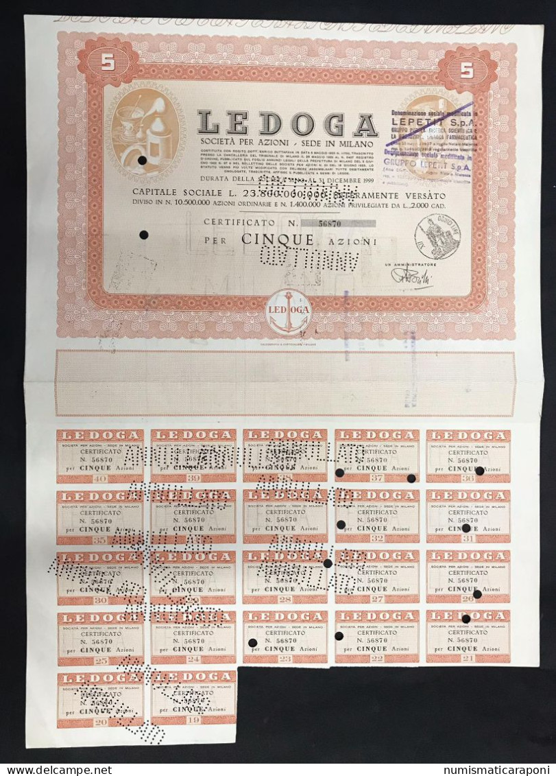 LEDOGA Spa Milano Certificto Per 5 Azioni  Cod.doc.336 - Landwirtschaft