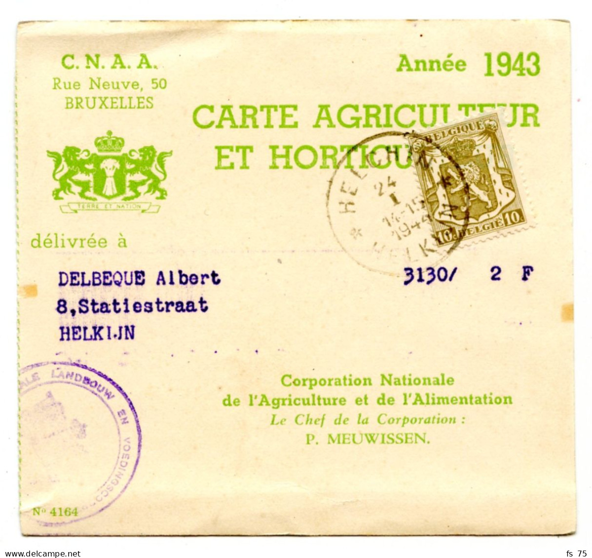 BELGIQUE - COB 420 SIMPLE CERCLE RELAIS A ETOILES HELCHIN SUR CARTE, 1943 - Sternenstempel