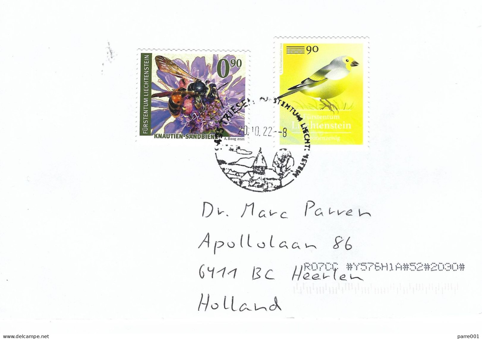Liechtenstein 2022 Triesen Citril Finch Carduelis Citrinella Overprint 90 On 100 R Mining Bee Andrena Hattorfiana Cover - Briefe U. Dokumente