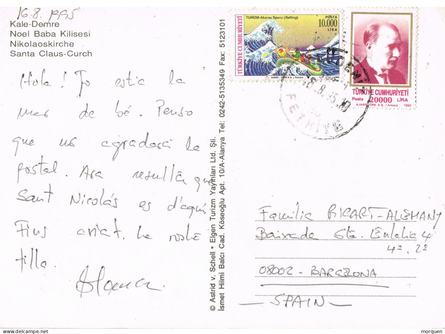 49789. Postal Aerea OLUDENIZ (Fethiye) Turquia 1995. Vista Iglesia San Nocolas. Kale Demre - Lettres & Documents