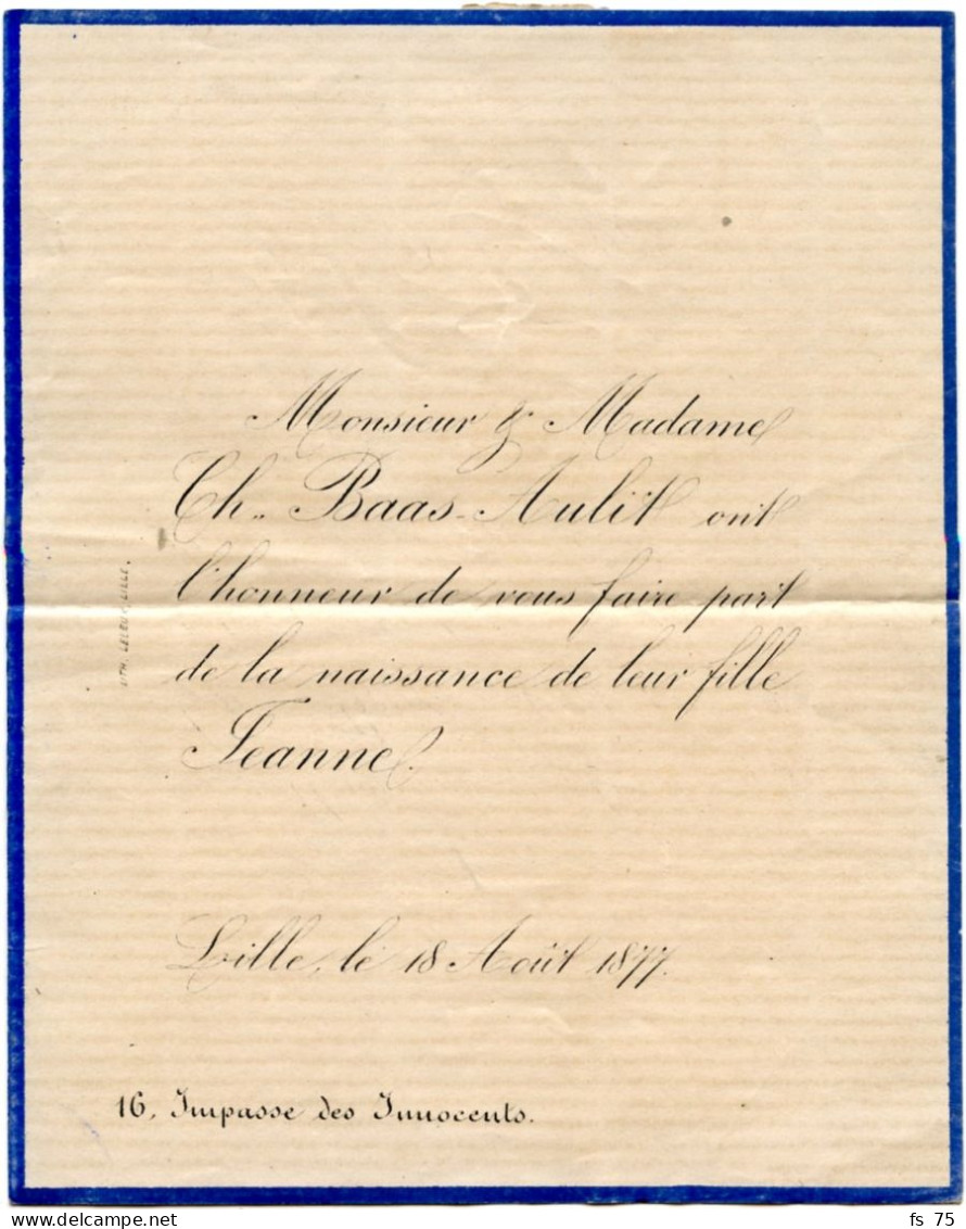 BELGIQUE - COB 26 AMBULANT OUEST 3 + MOUSCRON SUR FAIRE PART DE NAISSANCE DE LILLE POUR MONS, 1877 - Ambulanti