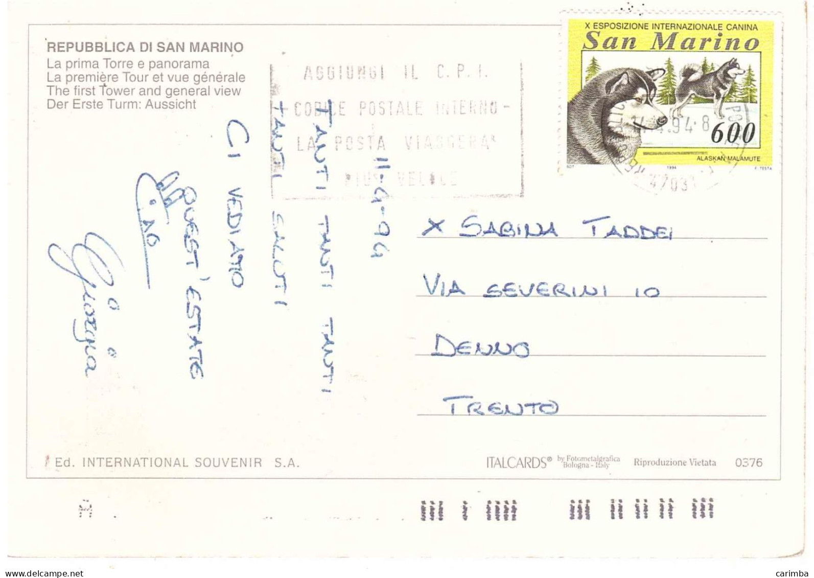 SAN MARINO 1994 £600 ESPOSIZIONE CANINA SU CARTOLINA - Lettres & Documents