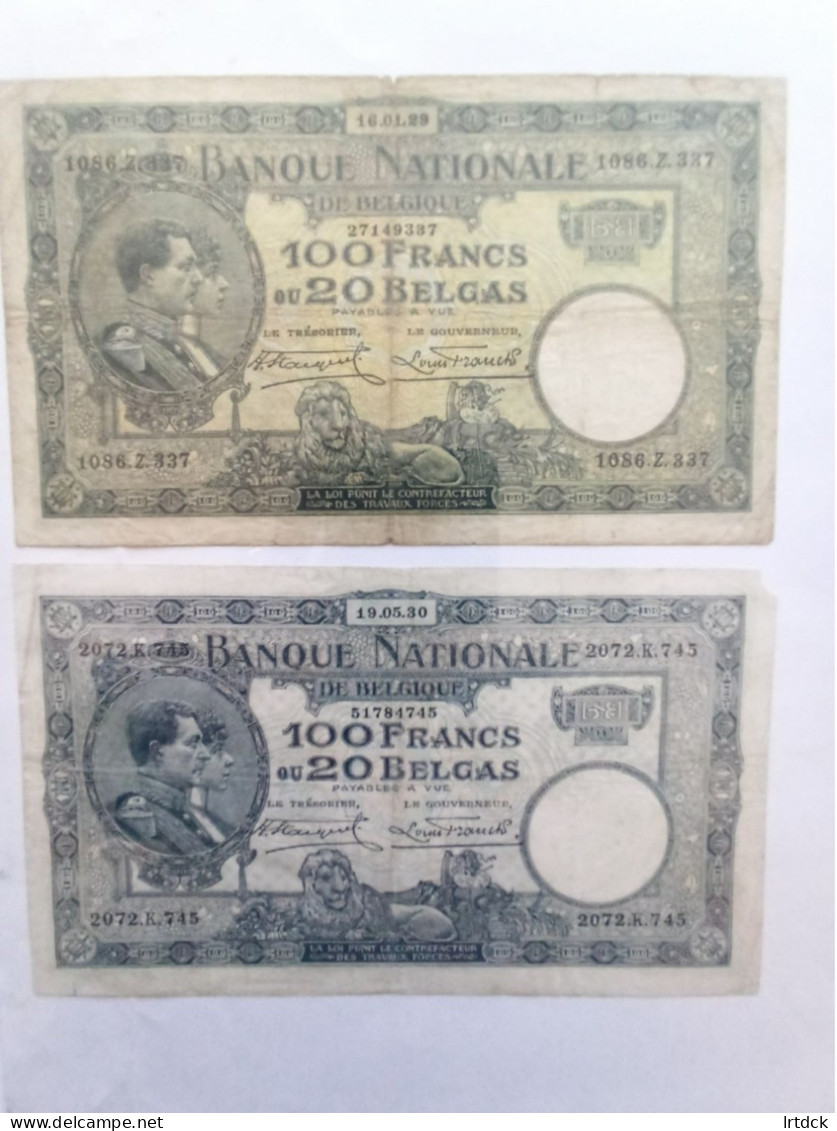 2 Billets Belgique 100 Francs  Ou  20  Belgas 1929 Et 1930 - 100 Frank & 100 Frank-20 Belgas