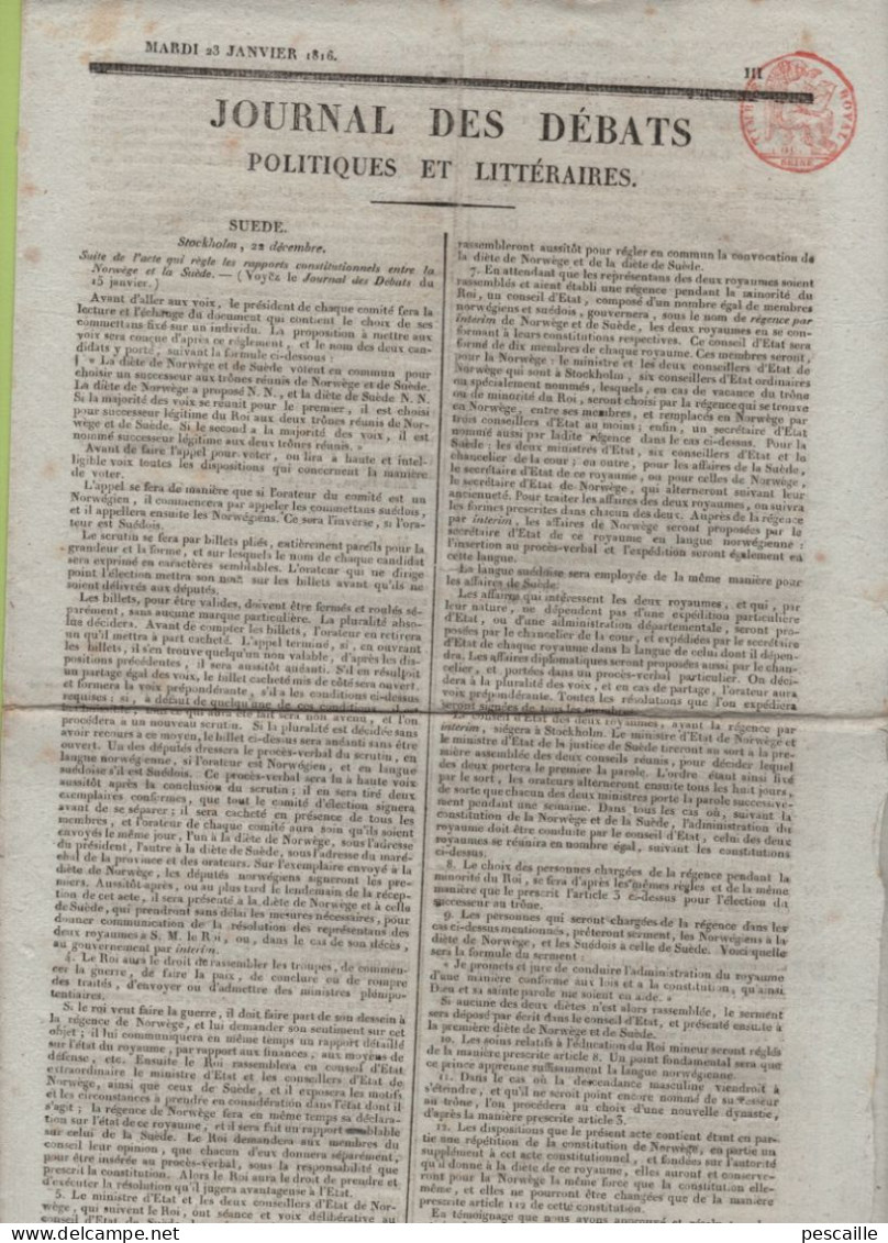 JOURNAL DES DEBATS 23 01 1816 - STOCKHOLM NORVEGE & SUEDE - ILES IONNIENNES - DIJON BONAPARTISTES - LOUIS XVI - - Journaux Anciens - Avant 1800