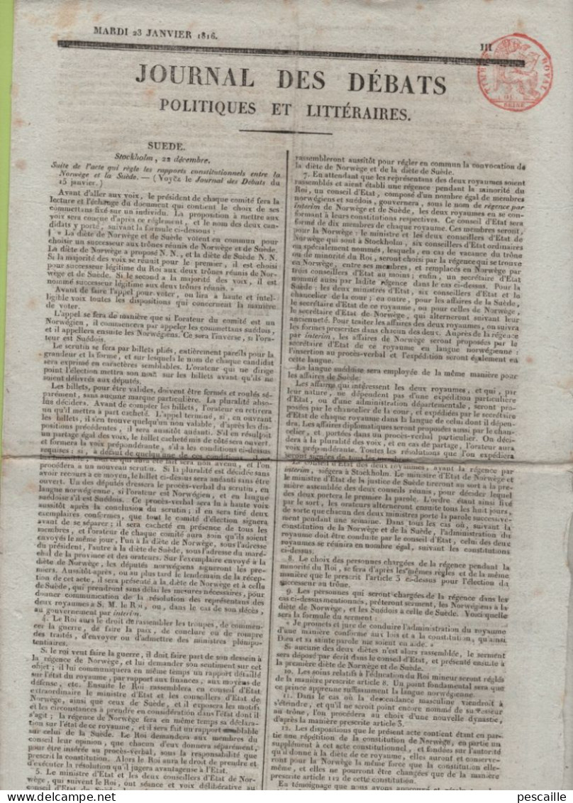 JOURNAL DES DEBATS 23 01 1816 - STOCKHOLM NORVEGE & SUEDE - ILES IONNIENNES - DIJON BONAPARTISTES - LOUIS XVI - - Zeitungen - Vor 1800