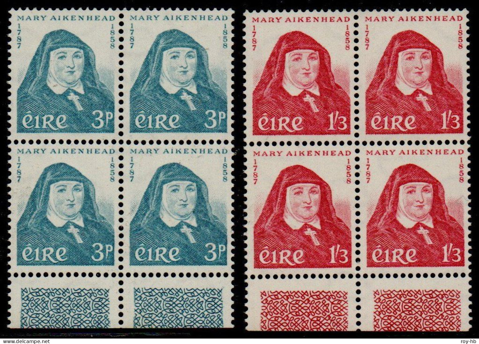 1958 Mary Aikenhead Set In Never-hinged Matching Bottom Marginal Blocks Of 4. SG 174-175, Sc. 167-168, Hib. C61-62. - Nuevos