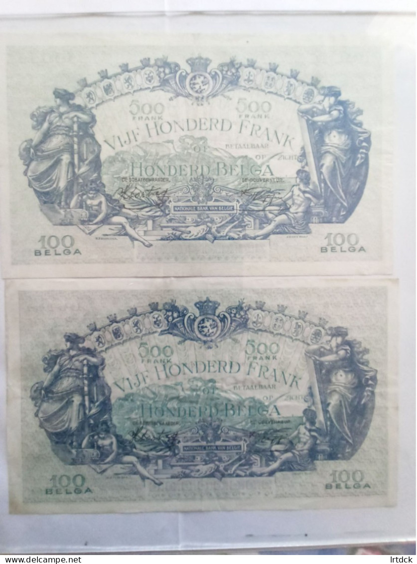 2 Billets Belgique 500 Francs  Ou 100 Belgas 1942 Et 1943 - 500 Francos-100 Belgas