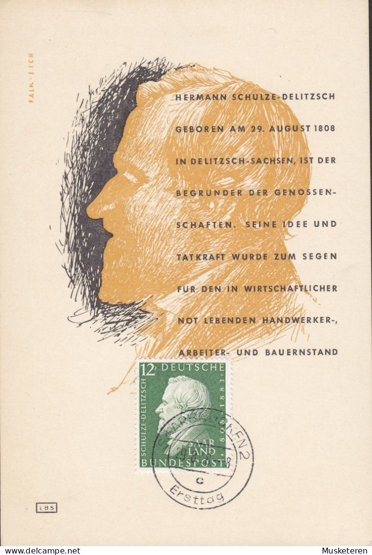 Saarland Bundespost 1958 Maximum Card Karte Carte Hermann Schulze-Delitzsch (2 Scans) - Cartes-maximum
