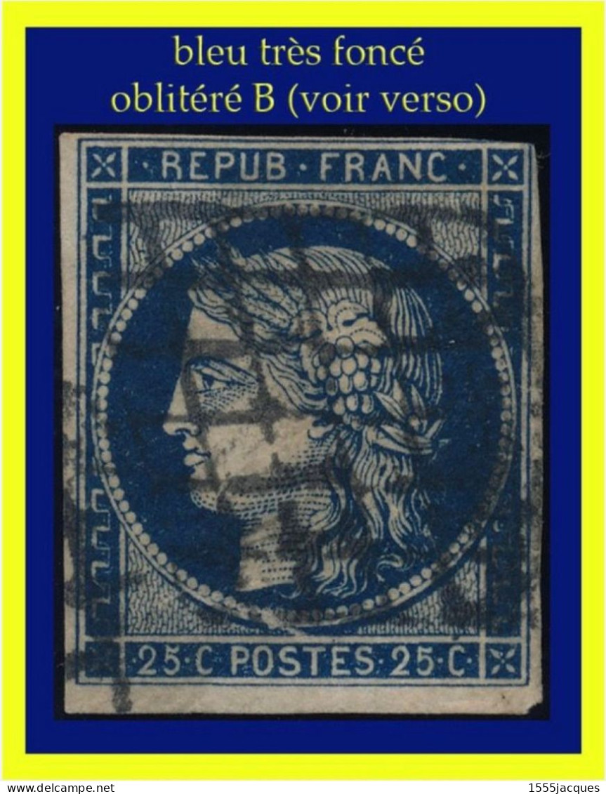 N° 4 CÉRÈS IIe RÉPUBLIQUE 1850 - BLEU FONCÉ À TRÈS FONCÉ - OBLITÉRÉ B - GRILLE - VOIR LE VERSO - 1849-1850 Ceres