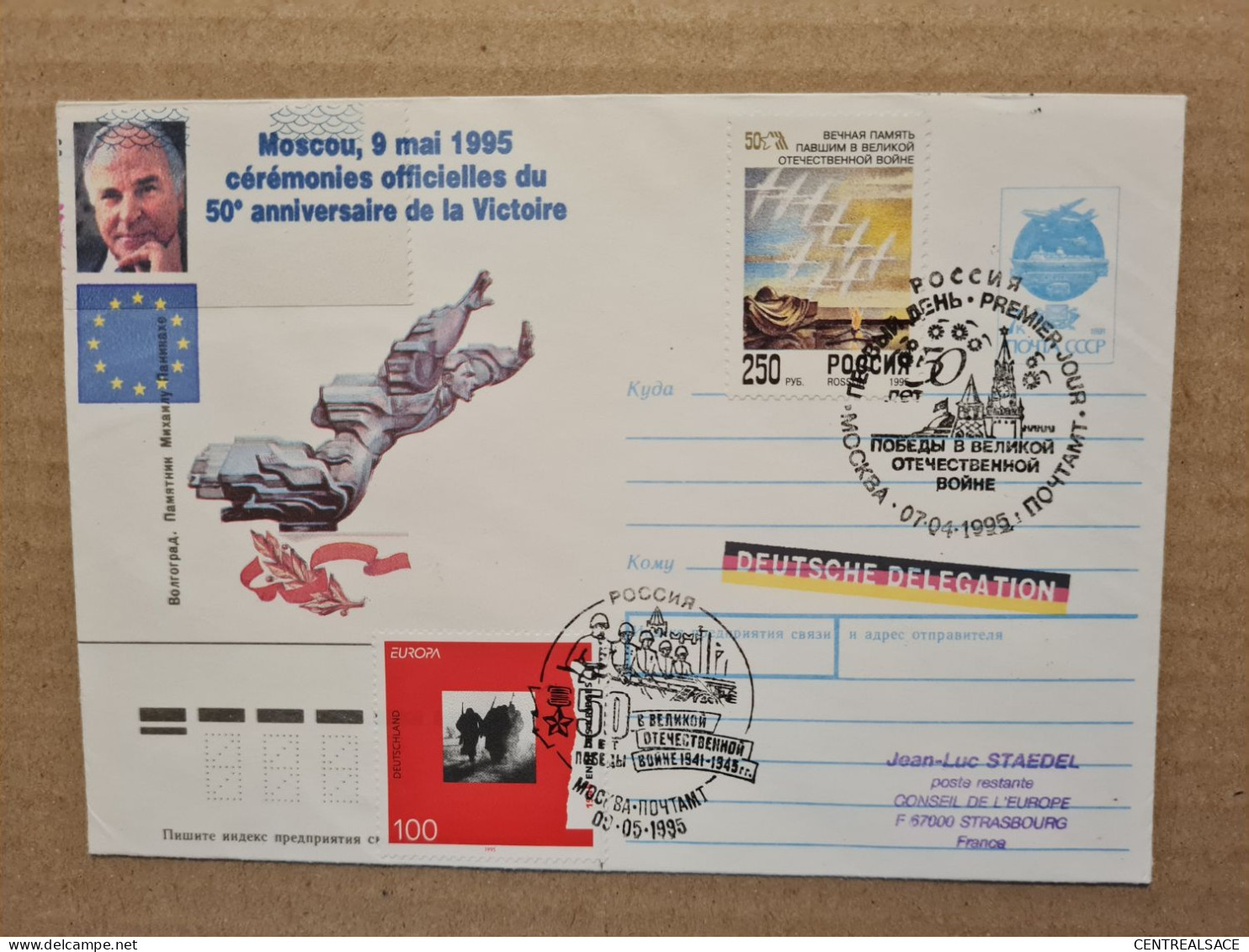 Lettre   LETTRE RUSSIE URSS LETTRE MOSCOU STRASBOURG FIN 2e GUERRE MONDIALE 1995  VIGNETTE CHIRAC - ...-1857 Prephilately