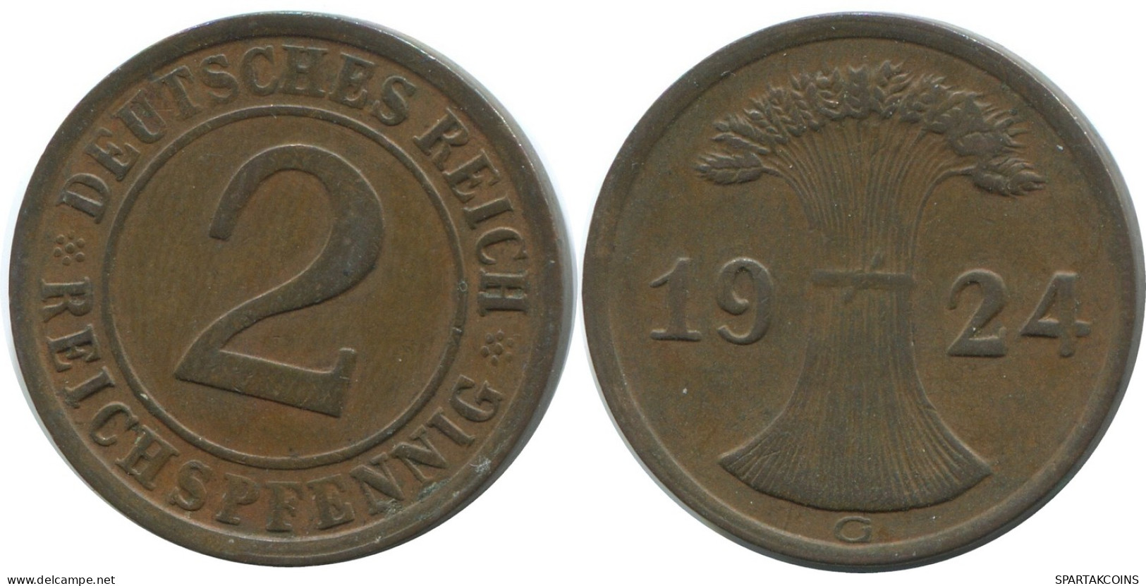 2 REICHSPFENNIG 1924 G GERMANY Coin #AE279.U - 2 Renten- & 2 Reichspfennig