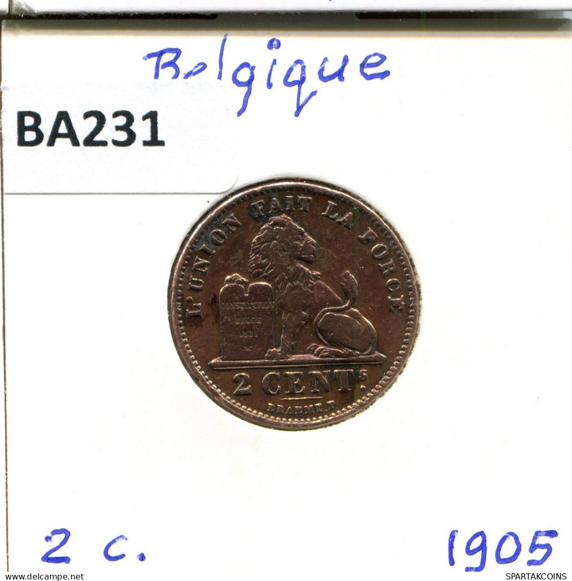 2 CENTIMES 1905 FRENCH Text BELGIQUE BELGIUM Pièce #BA231.F - 2 Cents