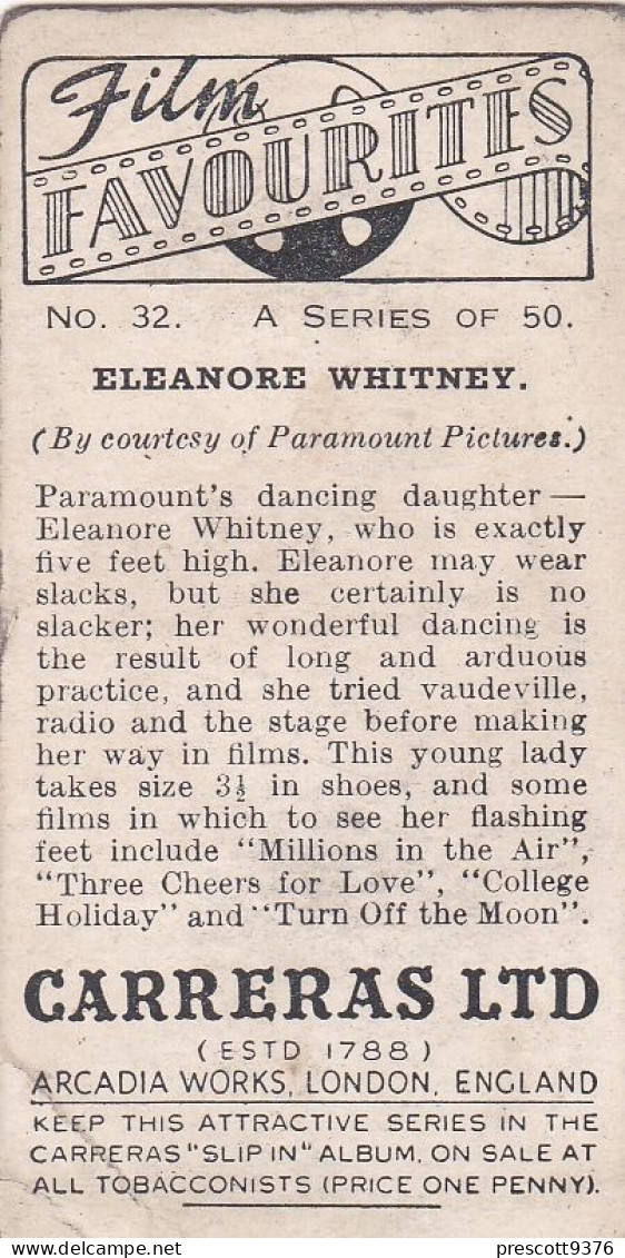 32 Eleanore Whitney  - Film Favourites 1938 - Original Carreras Cigarette Card - - Phillips / BDV