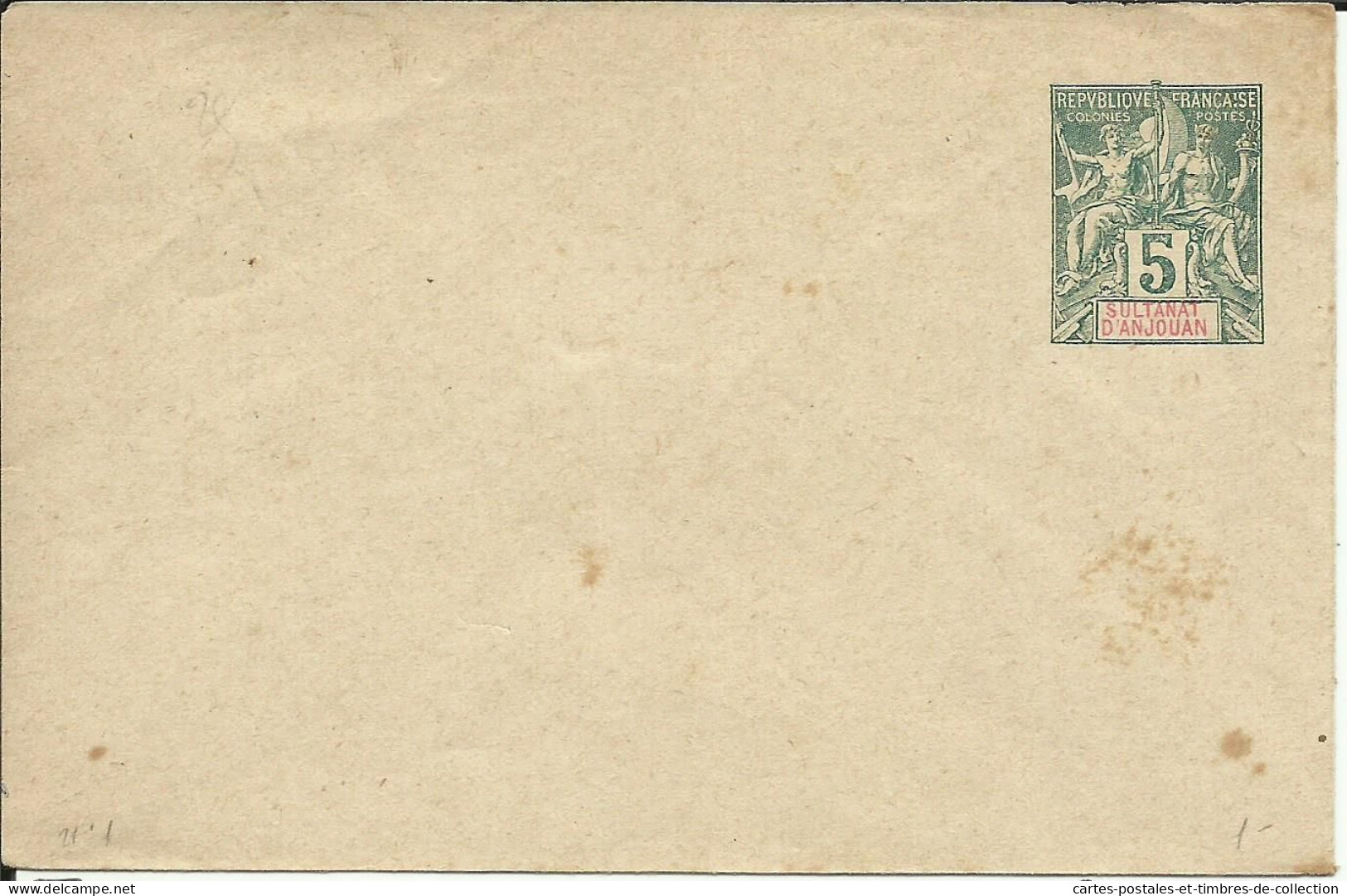 Entier Postal , Enveloppe , 5 Cts , SULTANAT D'AUJOUAN , Neuve , µ - Cartas & Documentos