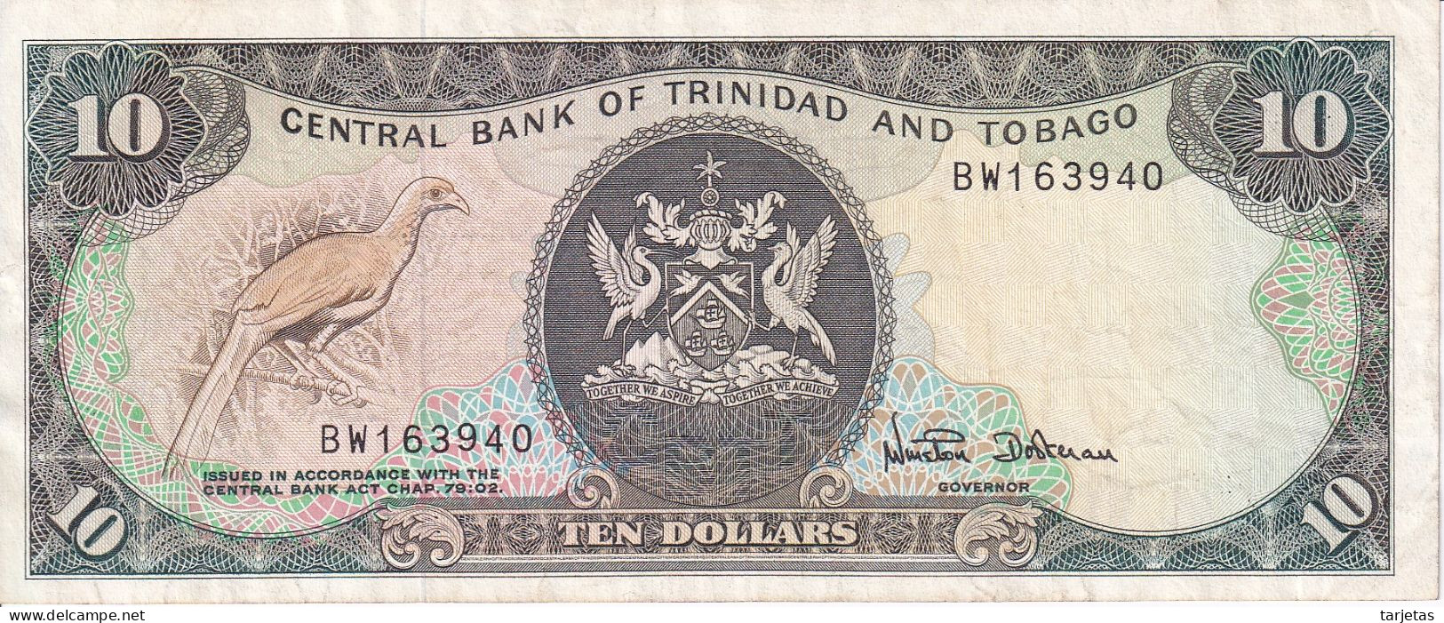 BILLETE DE TRINIDAD Y TOBAGO DE 10 DOLLARS DEL AÑO 1985 (BANKNOTE) BIRD-PAJARO - Trinité & Tobago