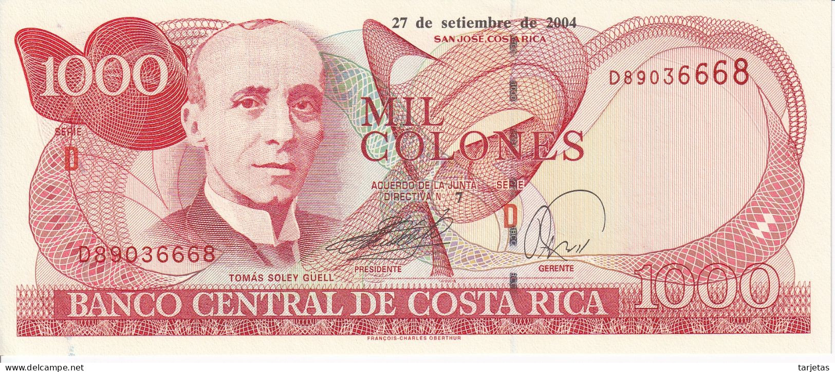 BILLETE DE COSTA RICA DE 1000 COLONES AÑO 2004 SERIE D SIN CIRCULAR (UNC)  (BANKNOTE) - Costa Rica