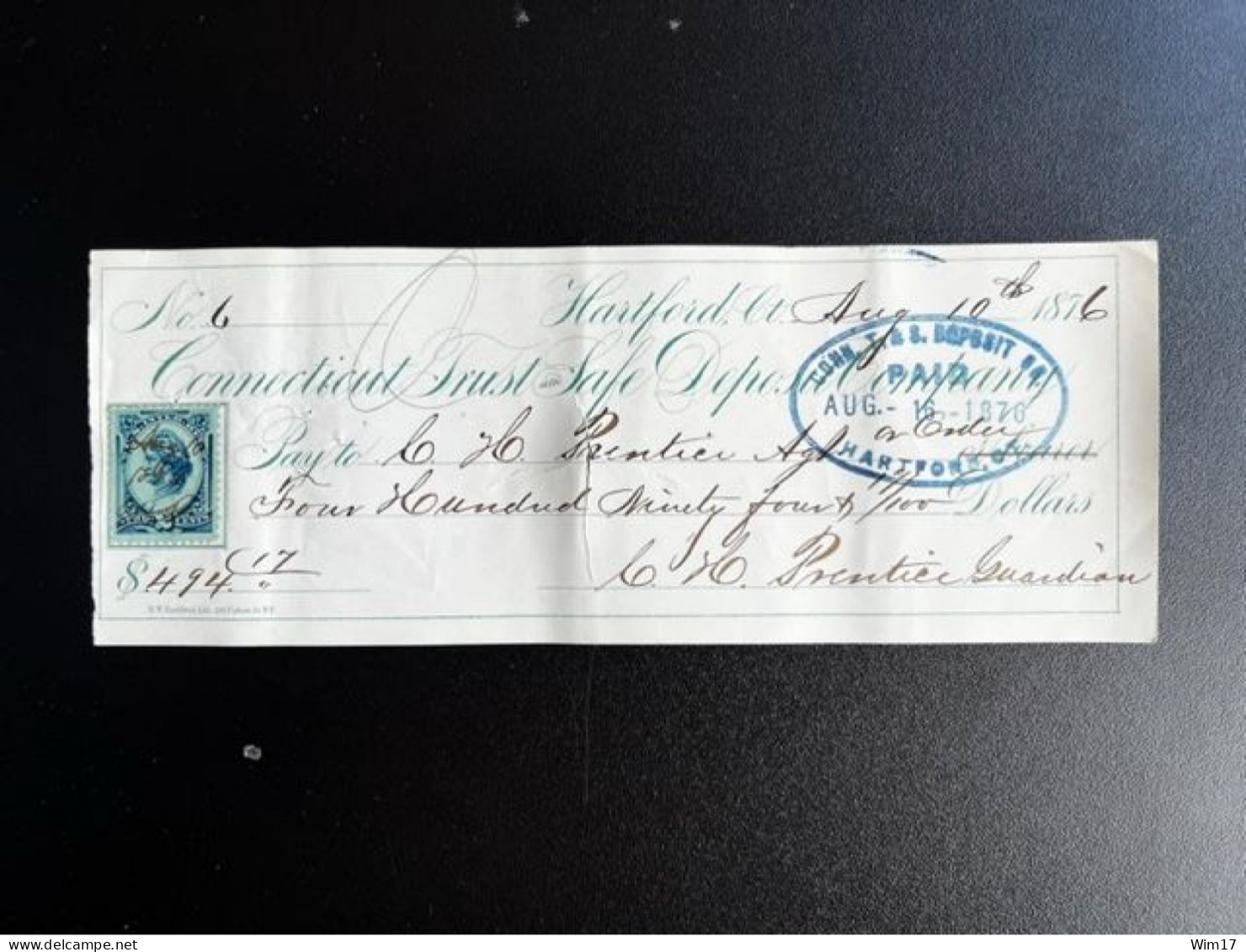 UNITED STATES USA 1876 CHEQUE CONNECTICUT TRUST AND SAFE DEPOSIT COMPANY 10-08-1876 VERENIGDE STATEN AMERIKA AMERICA - Fiscaux