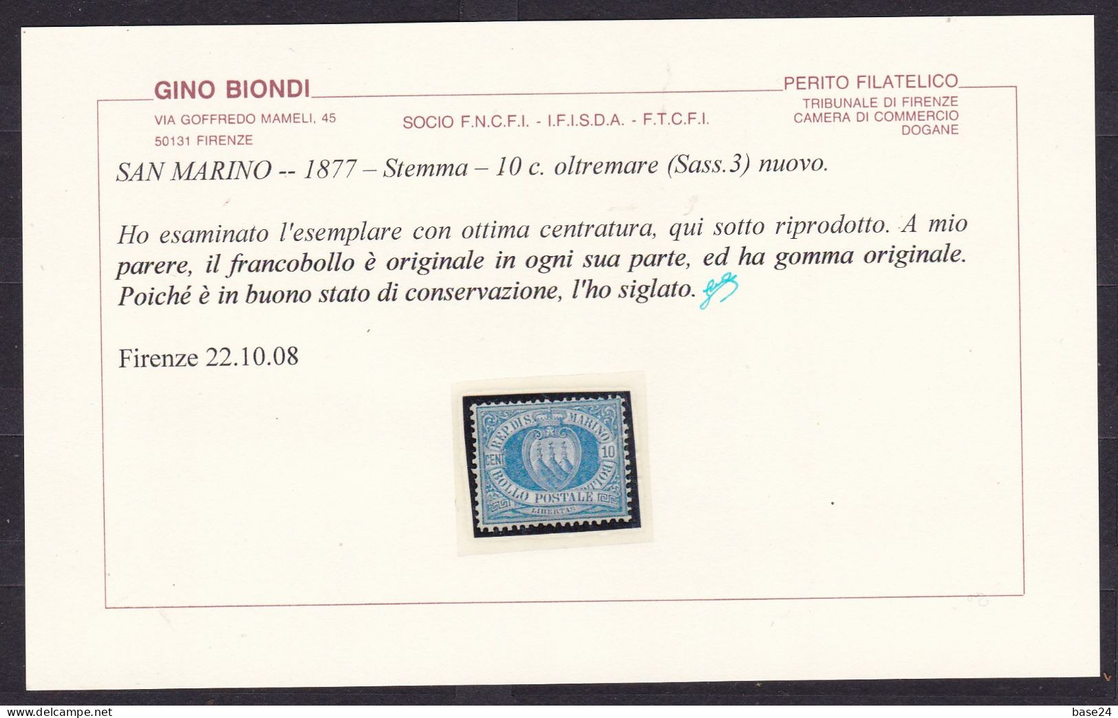 1877 San Marino Saint Marin CIFRA O STEMMA 10c. Oltremare (3) Certificato Biondi MLH* - Neufs