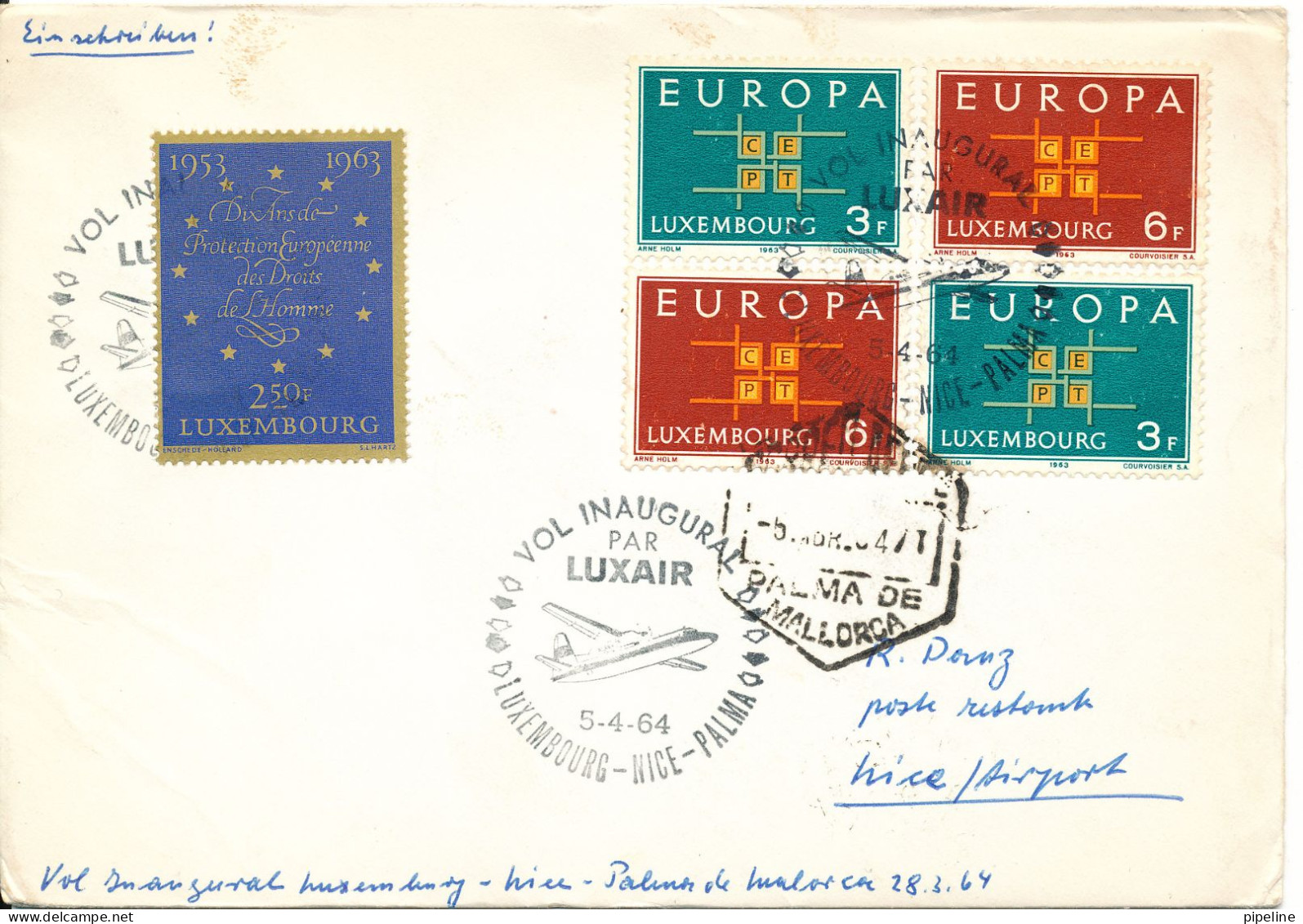 Luxembourg Cover First Luxair Flight Luxembourg - Nice - Palma De Mallorca 5-4-1964 - Brieven En Documenten