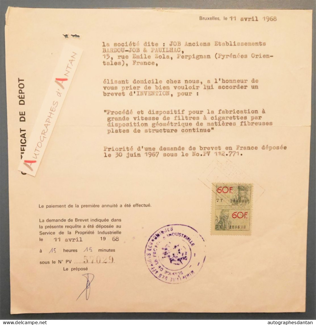 ● Bruxelles 1968 Certificat Dépôt Brevet D'invention Sté JOB Anciens Ets BARDOU JOB & PAUILHAC Perpignan - Fiscal Belge - 1950 - ...