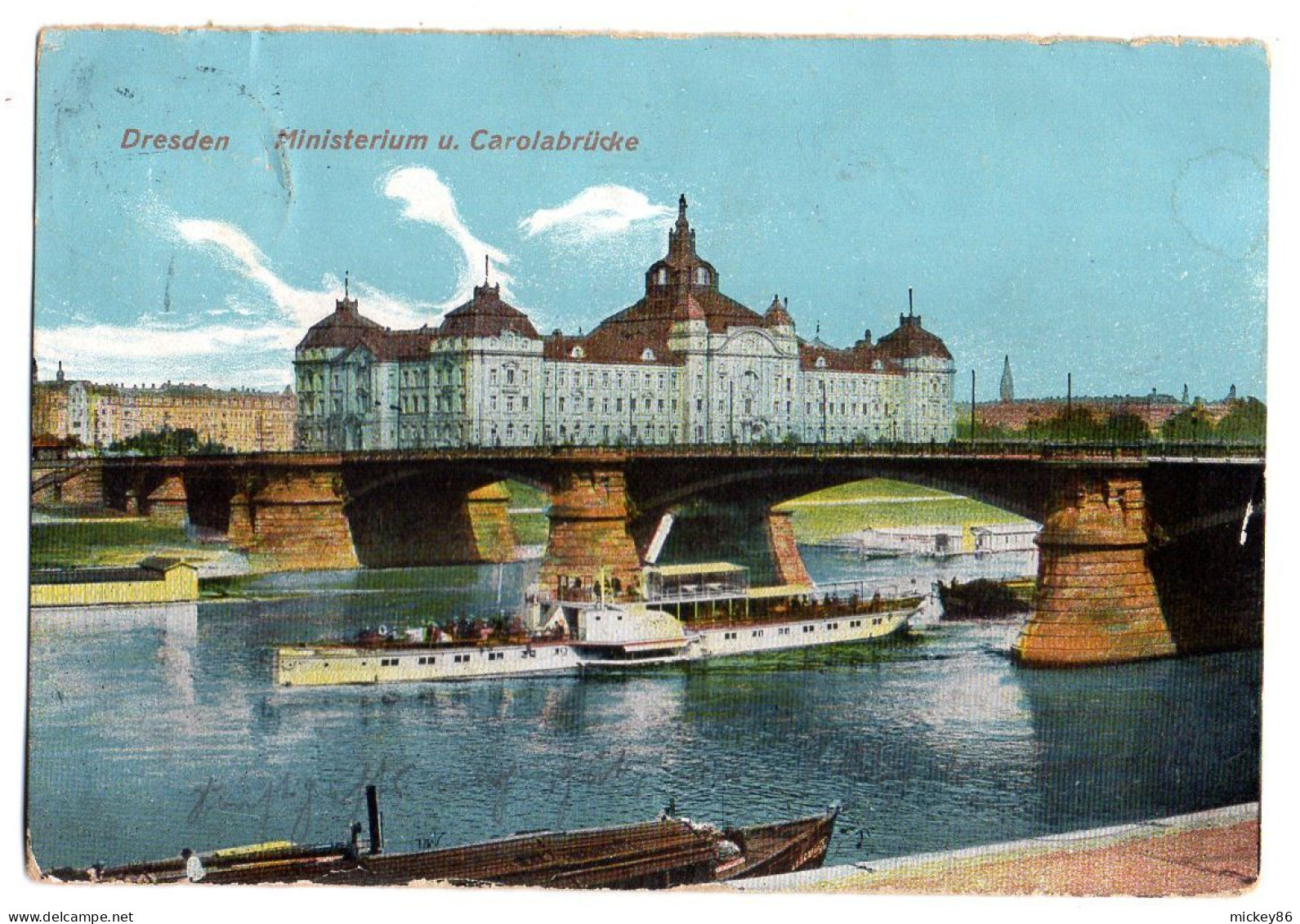 Allemagne -- DRESDEN --1911--Ministerium U. Carolabrucke (bateau , Péniche )..timbre..cachet - Dresden