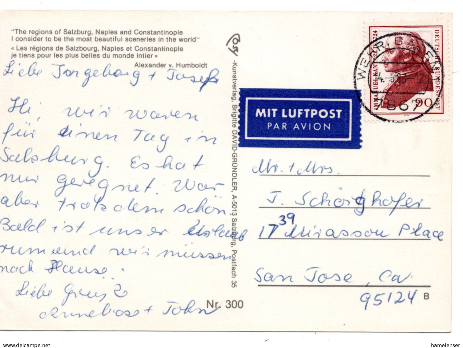 65321 - Bund - 1983 - 90Pfg Kant EF A LpAnsKte WEHR -> San Jose, CA (USA) - Lettres & Documents