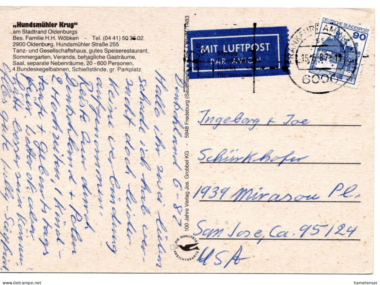 65322 - Bund - 1987 - 90Pfg B&S EF A LpAnsKte FRANKFURT -> San Jose, CA (USA) - Brieven En Documenten
