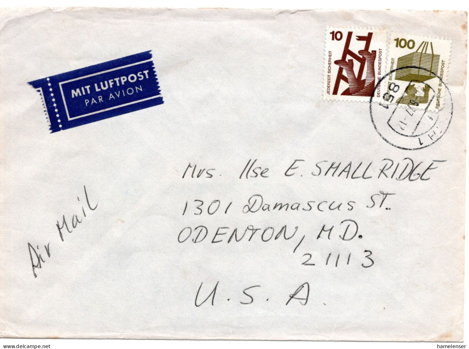 65323 - Bund - 1977 - 100Pfg Unfall MiF A LpBf FUERTH -> Odenton, MD (USA) - Covers & Documents