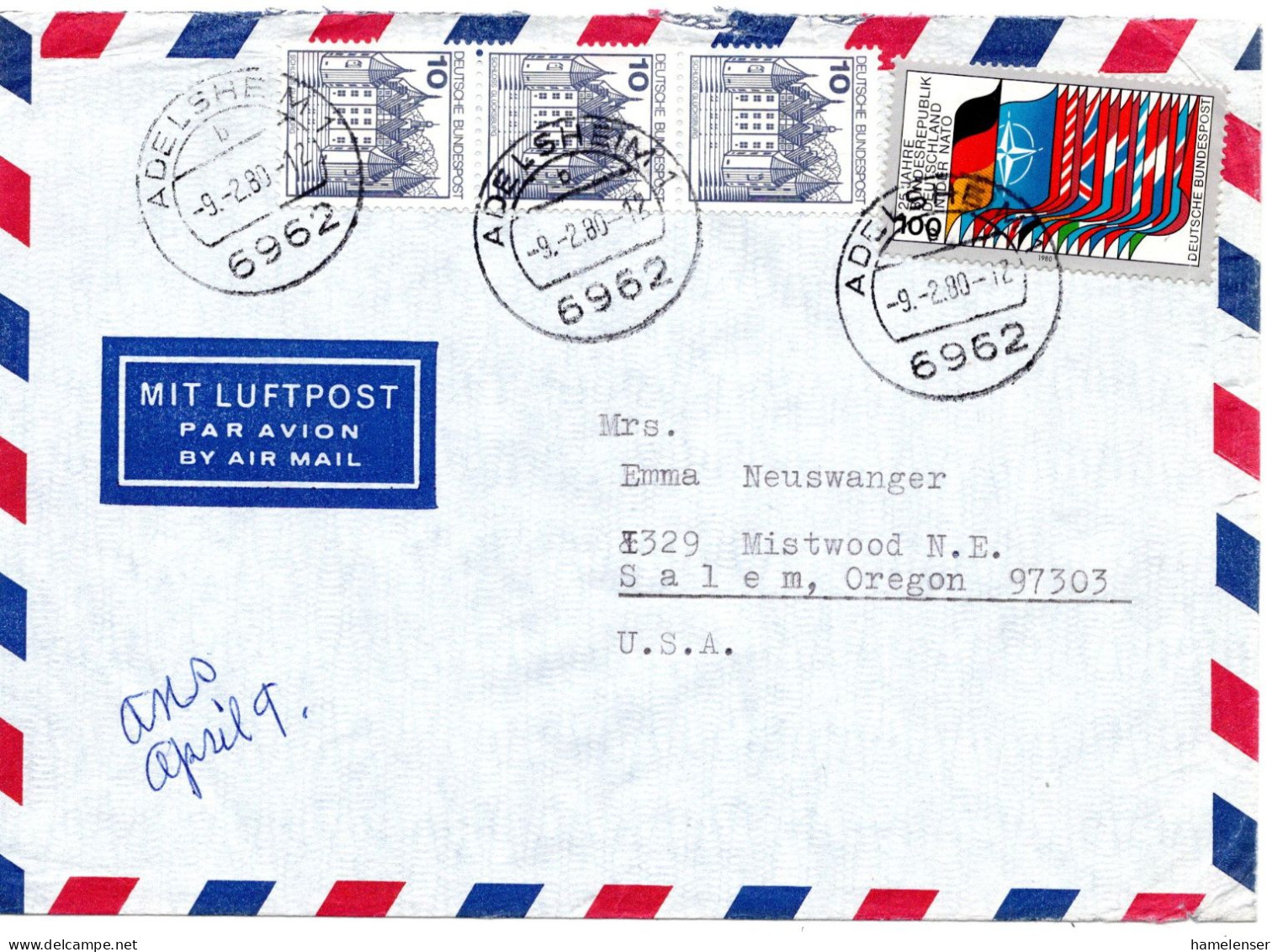 65332 - Bund - 1980 - 100Pfg NATO MiF A LpBf ADELSHEIM -> Salem, OR (USA) - Lettres & Documents