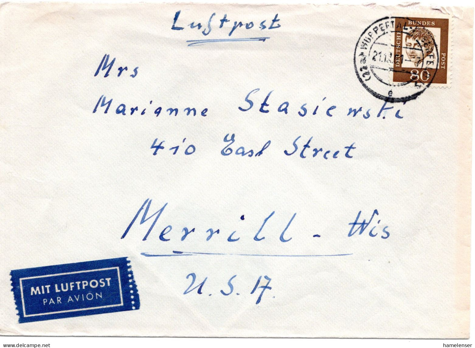 65336 - Bund - 1961 - 80Pfg Kleist EF A LpBf WUPPERTAL -> Merrill, WI (USA) - Covers & Documents