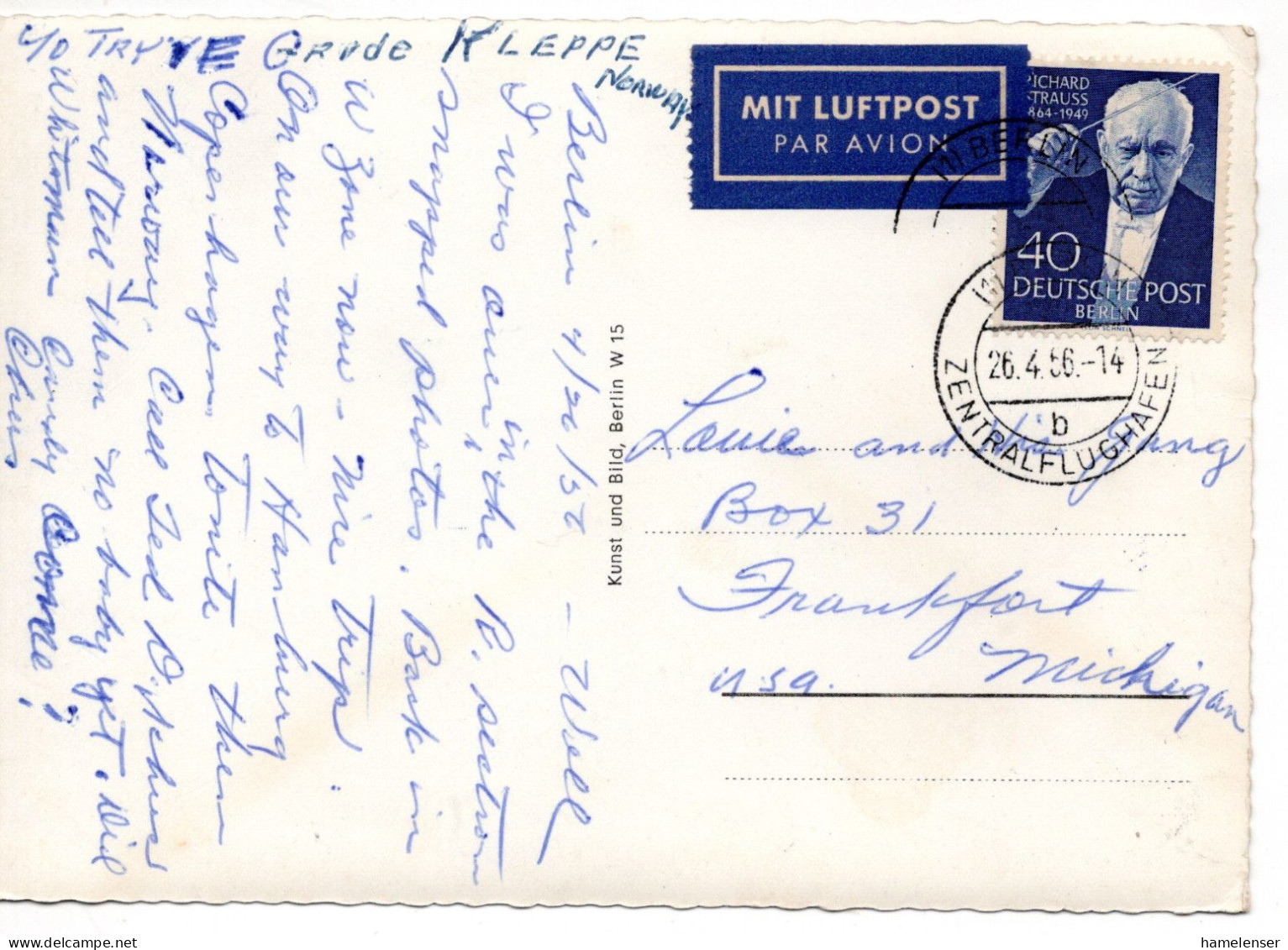 65347 - Berlin - 1956 - 40Pfg Strauss EF A LpAnsKte BERLIN -> Frankfurt, MI (USA) - Brieven En Documenten