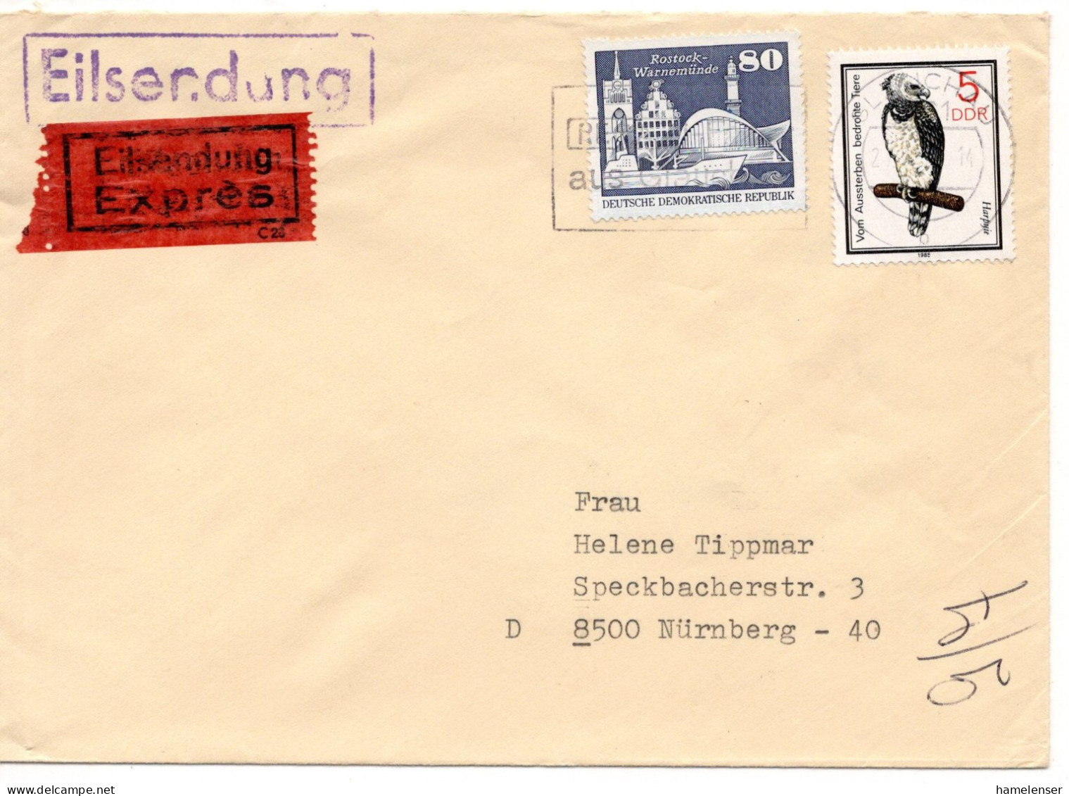 65350 - DDR - 1985 - 80Pfg Gr.Bauten MiF A EilBf GLAUCHAU - ... -> NUERNBERG (Westdeutschland) - Lettres & Documents