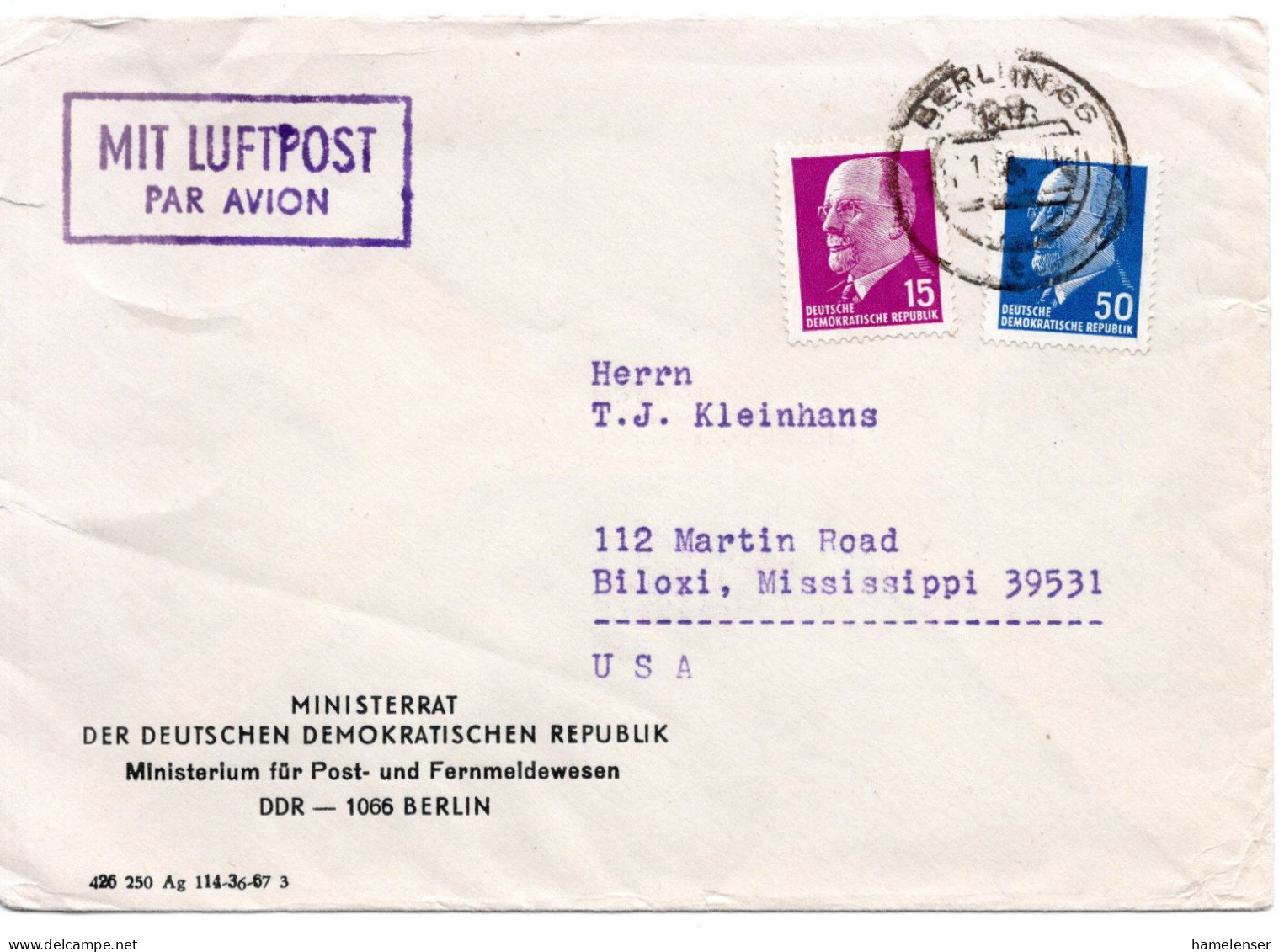 65353 - DDR - 1968 - 50Pfg Ulbricht MiF A LpBf BERLIN -> Biloxi, MS (USA) - Storia Postale