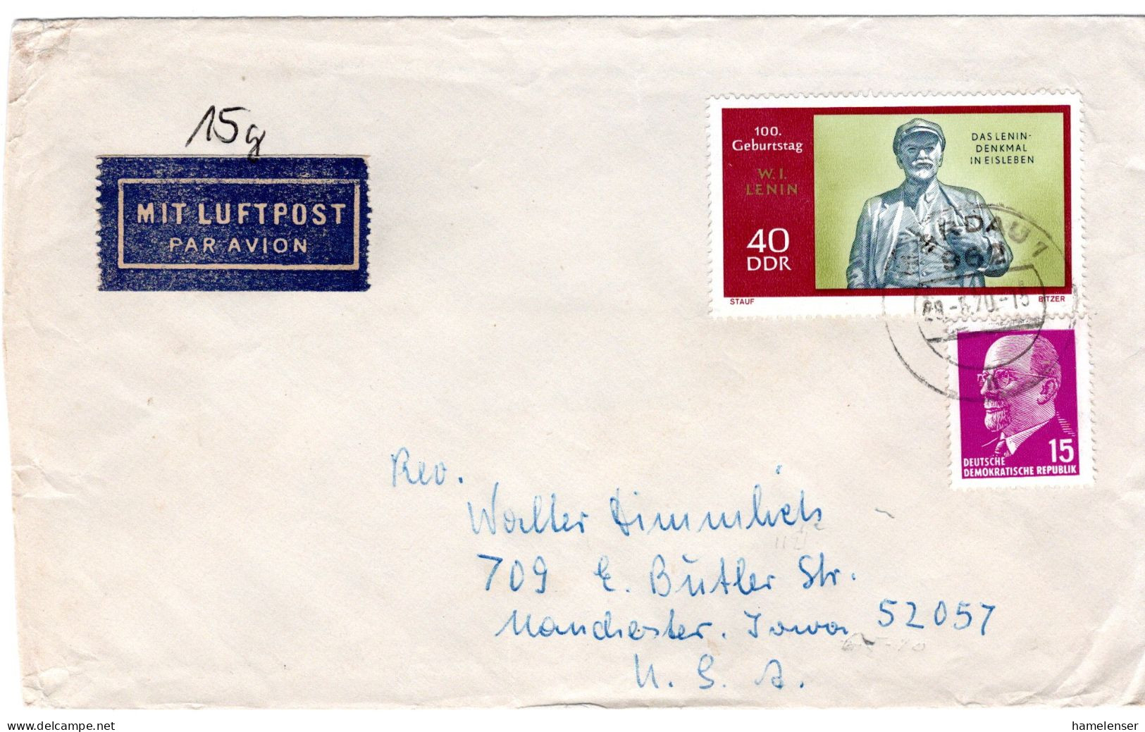 65354 - DDR - 1970 - 40Pfg Lenin MiF A LpBf WERDAU -> Manchester, IA (USA) - Covers & Documents