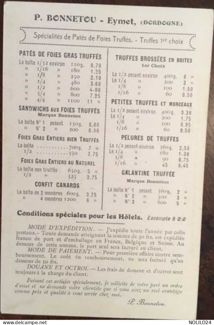 Cpa Fiche Publicité Truffes Et Foies Gras Truffés P.BONNETOU, 24 Eymet Dordogne, Gravure Usine - Eymet
