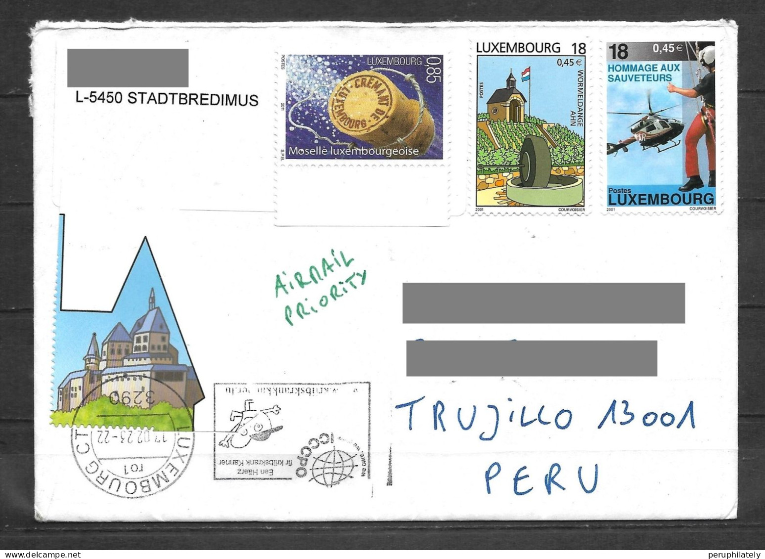 Luxembourg Cover With Recent Stamps & Heart Cancellation Sent To Peru - Gebruikt