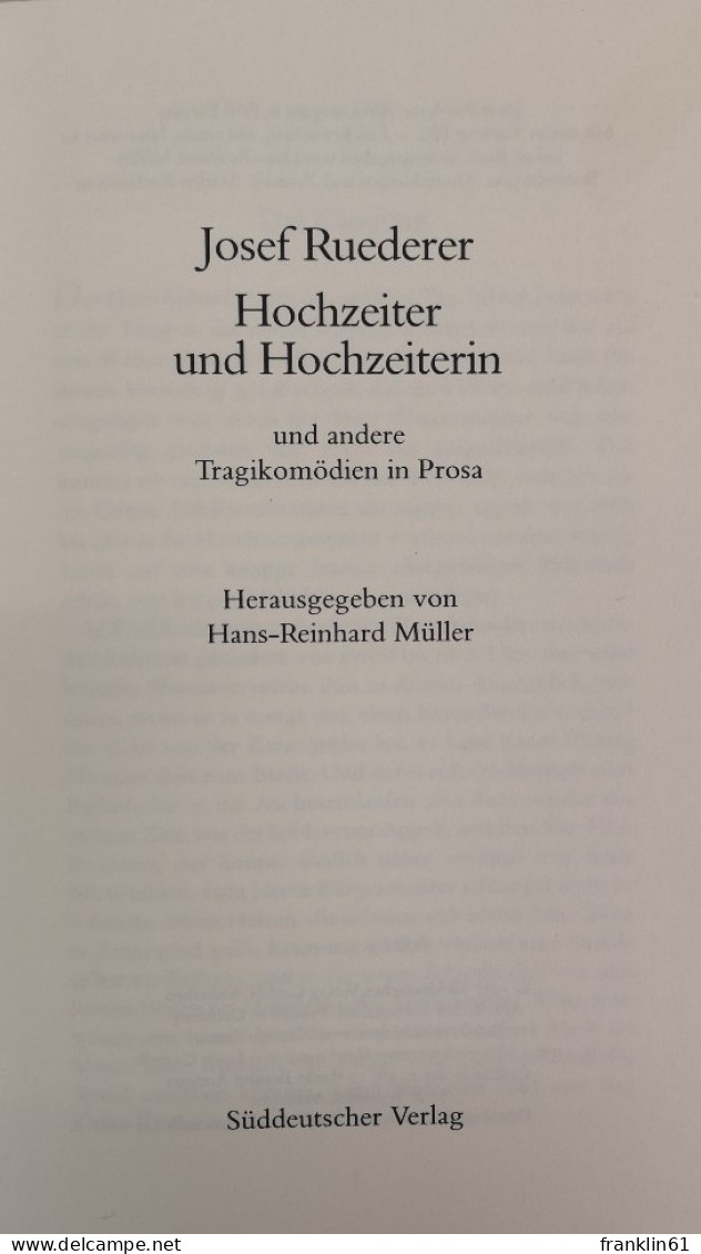 Hochzeiter Und Hochzeiterin Und Andere Tragikomödien In Prosa. - Lyrik & Essays