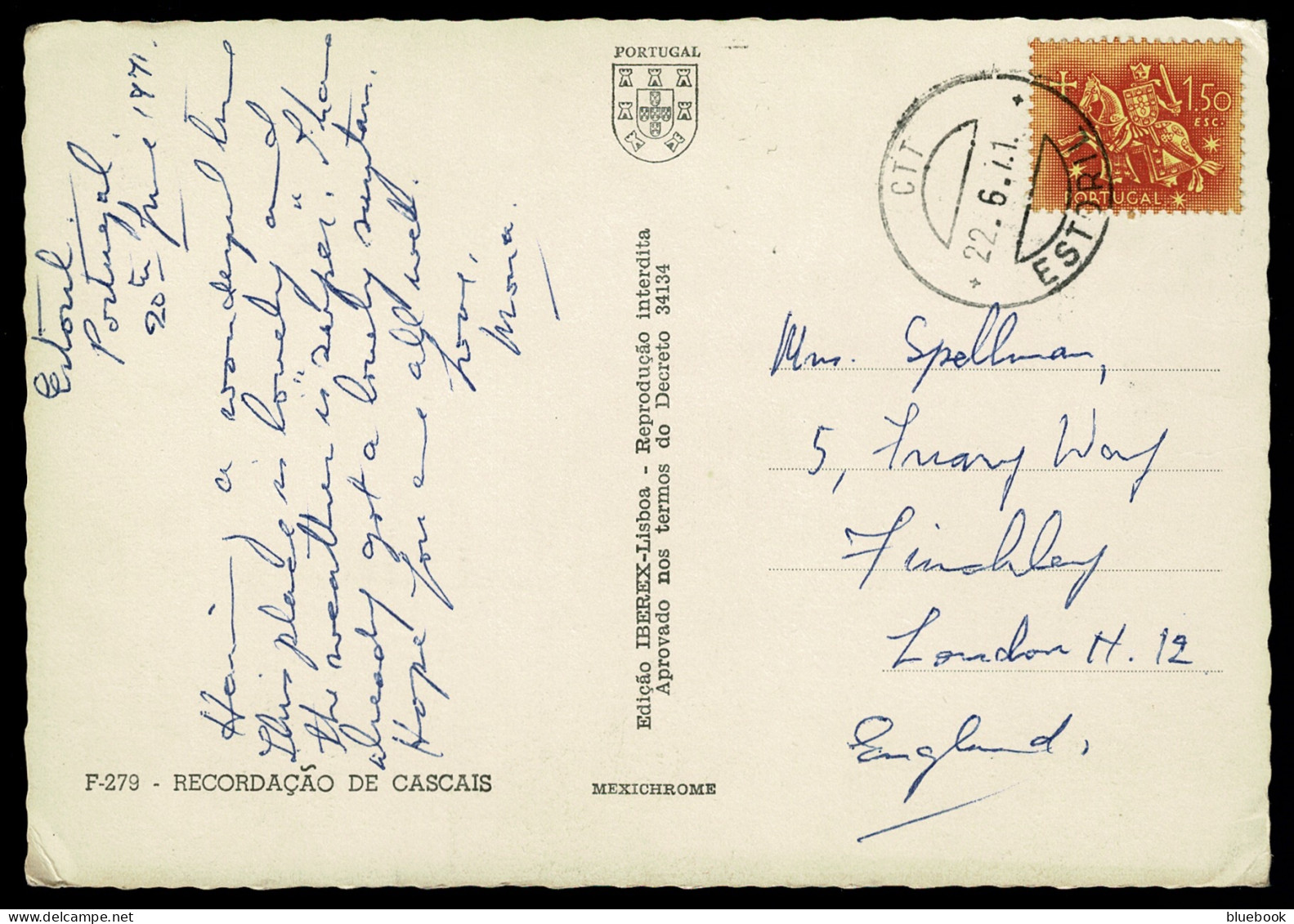 Ref 1607 -  1971 Portugal Real Photo Postcard - Medieval Knights 1$50 Stamp To London UK - Lettres & Documents