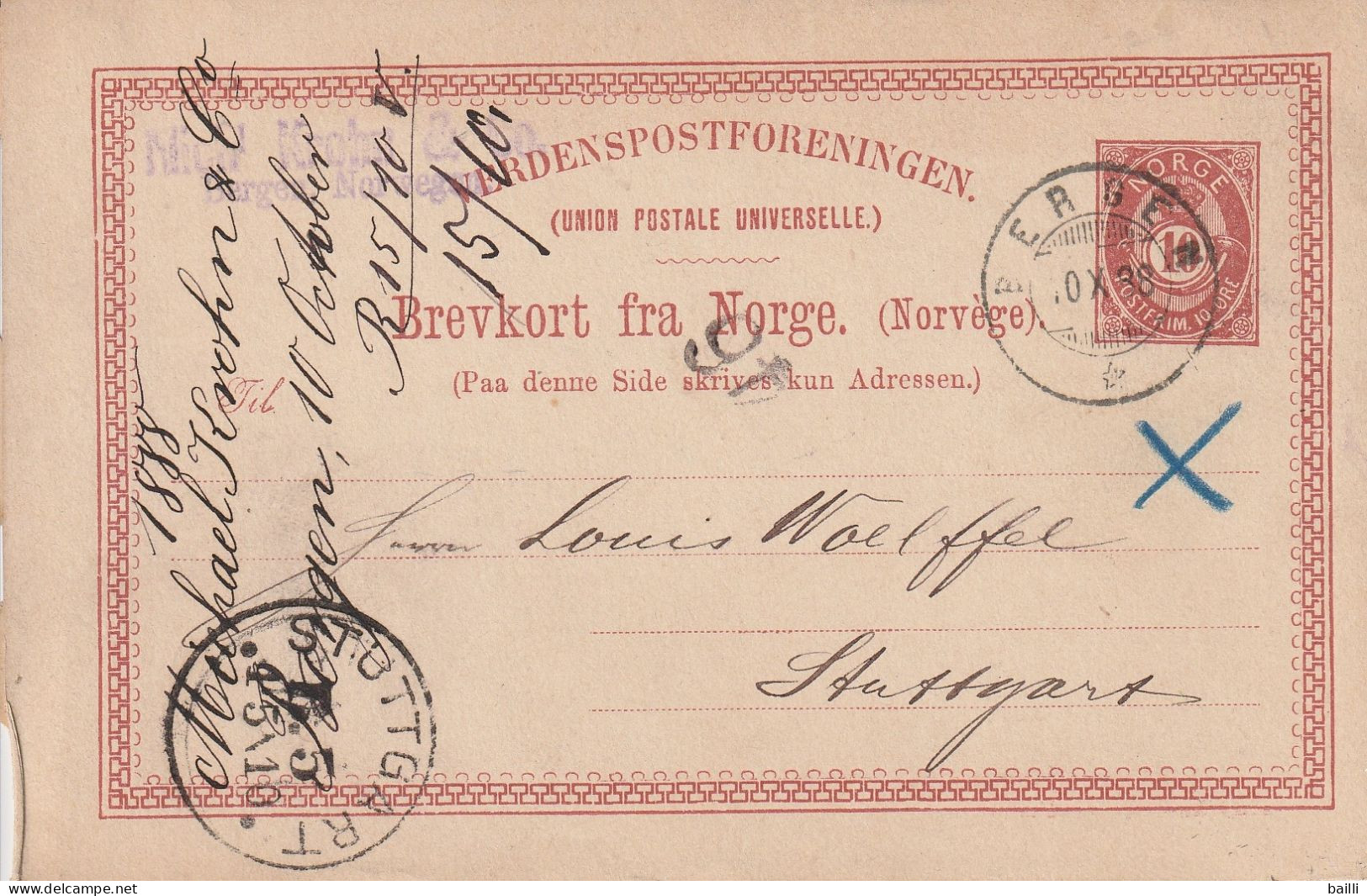 Norvège Entier Postal Bergen Pour L'Allemagne 1888 - Entiers Postaux