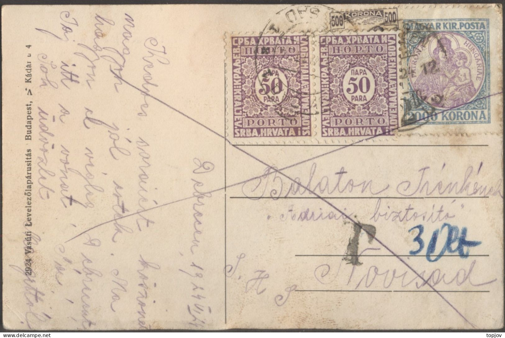 JUGOSLAVIA - SHS  PORTO  2x50 Para - DEBRECEN To NOVI SAD - 1924 - RARE - Timbres-taxe