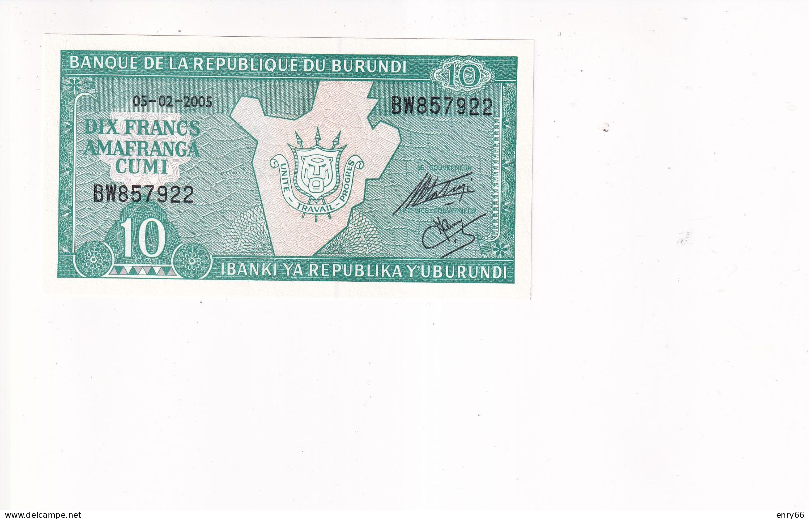BURUNDI 10 FRANCS 2005 P33E UNC - Burundi