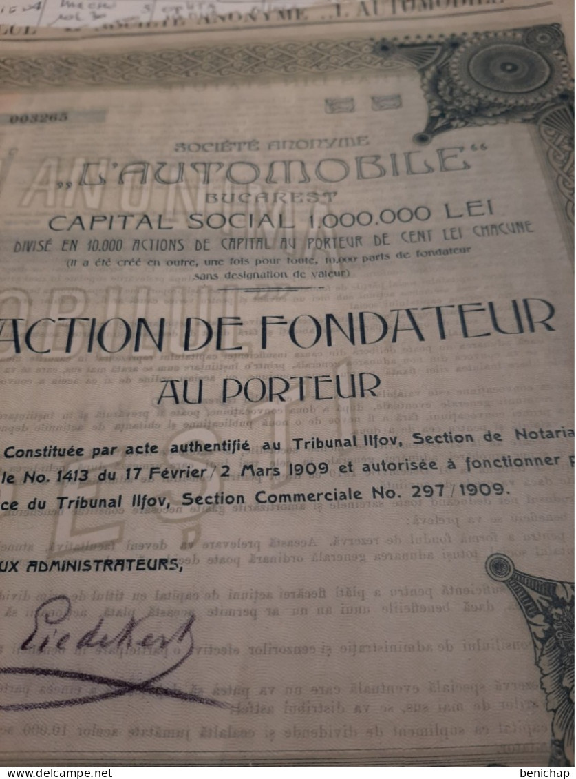 S.A. Automobilul Bucuresti - L'Automobile Bucarest - Actiune De Fondator La Purtator - 17 Februarie / 2 Martie 1909. - Cars