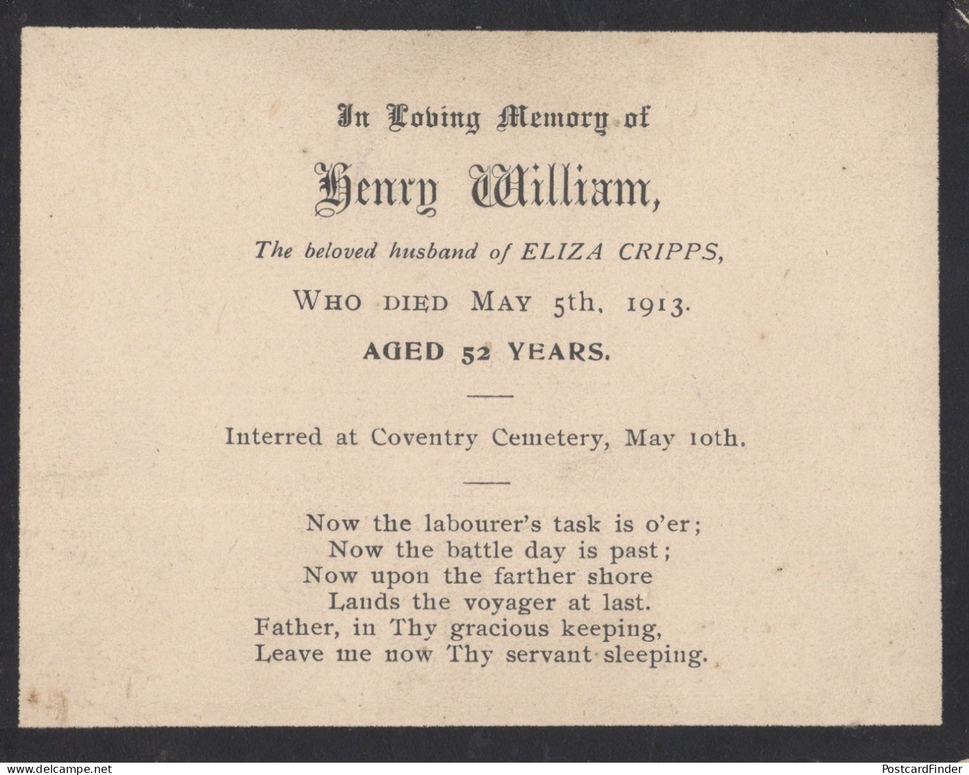 Coventry Cemetary Henry William Eliza Cripps 1913 Funeral Card - Coventry