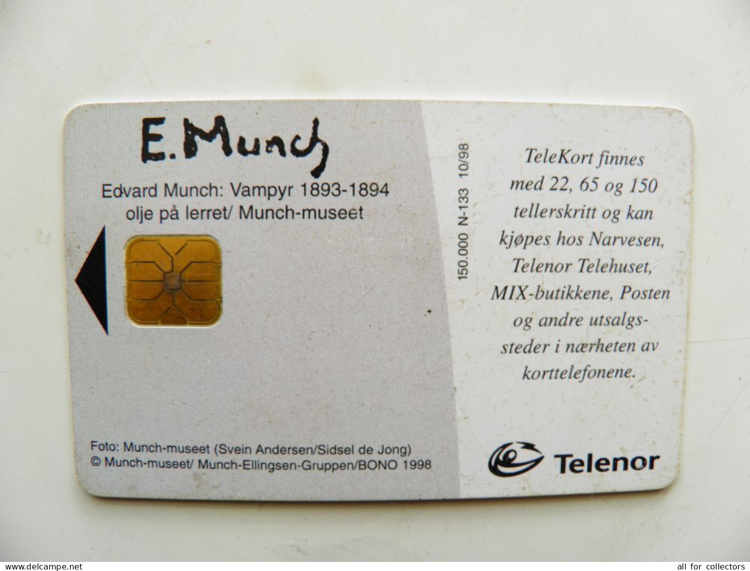 Chip Plastic Phonecard Norway Art Painting Of E.Munch 10/98 N-133 - Peinture