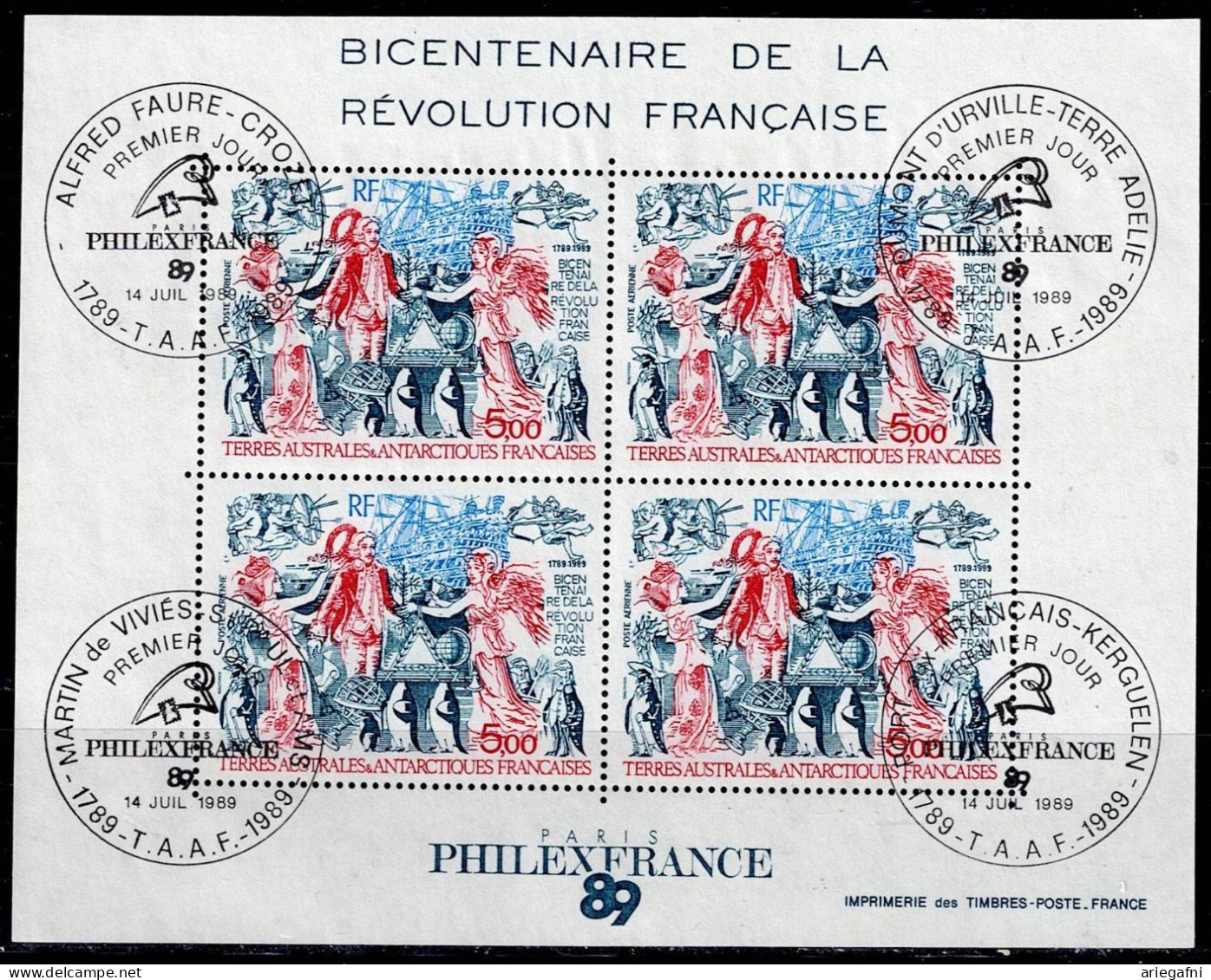 FRENCH ANTARCTIC TERRITORIES 1989 200TH ANNIVERSARY OF THE FRENCH REVOLUTION MI No BLOCK 1 USED VF!! - Blocs-feuillets