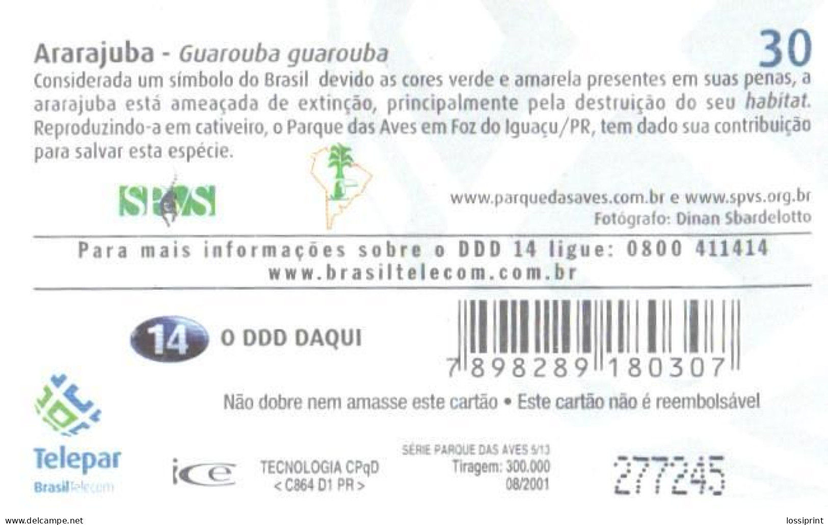 Brazil:Brasil:Used Phonecard, Telepar, 30 Units, Bird, Parrot, Guarouba Guarouba, 2001 - Brasilien