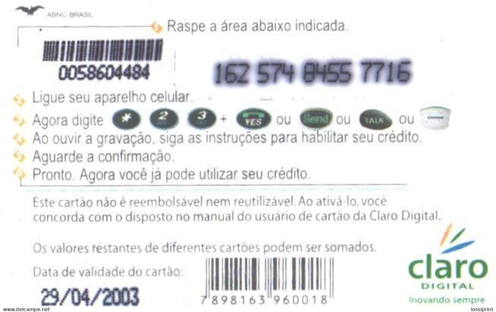 Brazil:Brasil:Used Phonecard, Claro Digital, 20 R$, Mascot, 2003 - Brasilien