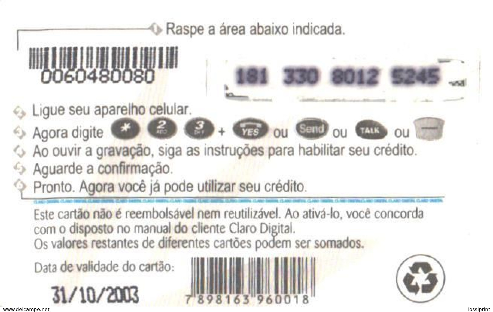 Brazil:Brasil:Used Phonecard, Claro Digital, 20 R$, Mascot, 2003 - Brasilien